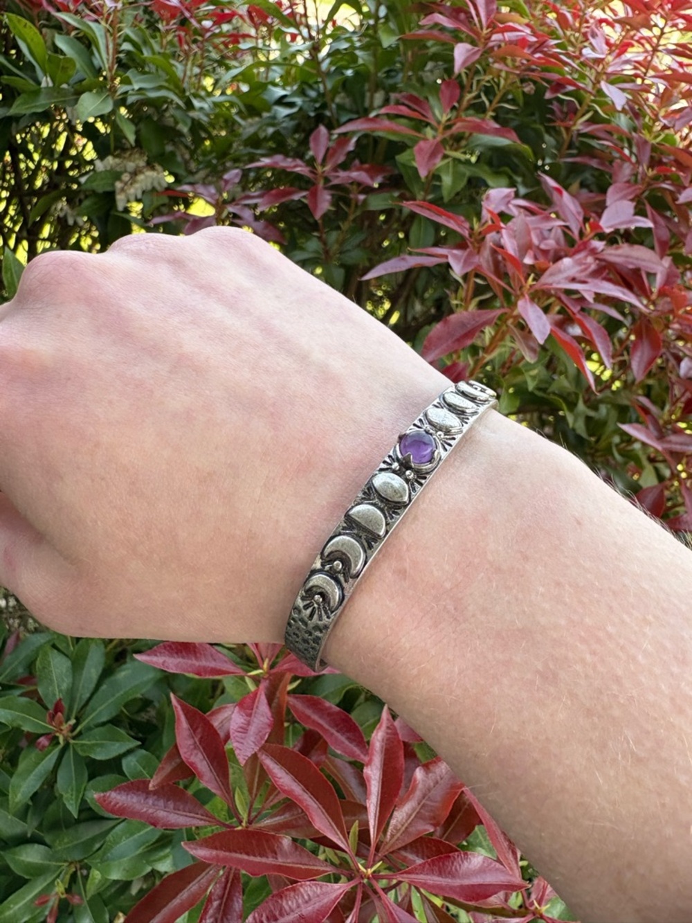 Sterling Silver Moon Motif Bracelet with Polished Amethyst